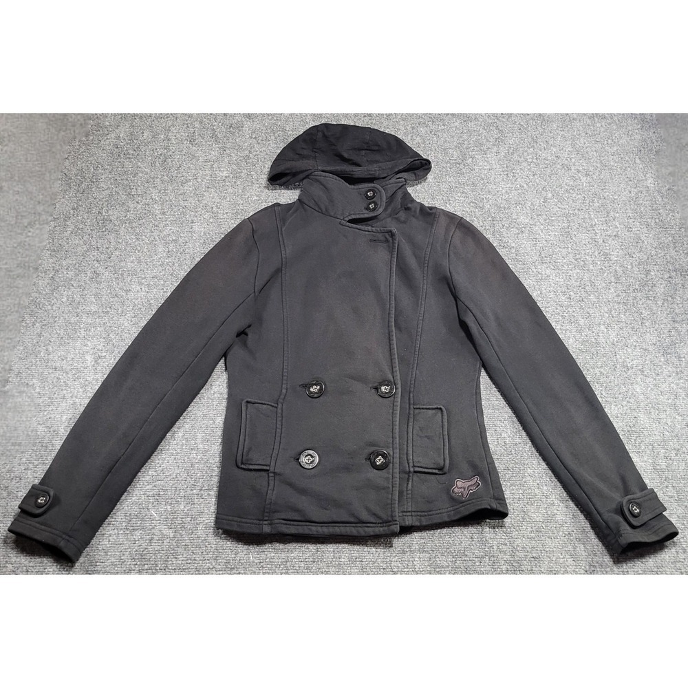 Vtg Fox Racing Womens Double Breasted Hooded Peacoat Black Jacket Sz Medium Flaw